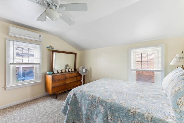 214 W 12th Ave, North Wildwood, NJ 08260 - carpeted bedroom featuring an AC wall unit, vaulted ceiling, and a ceiling fan