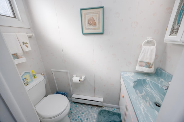 half bath featuring wallpapered walls, toilet, a baseboard radiator, tile patterned floors, and vanity