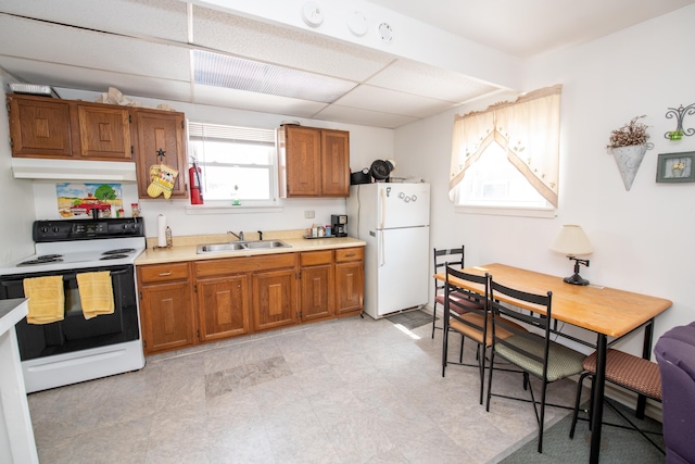 kitchen featuring white appliances, sink, and a drop ceiling