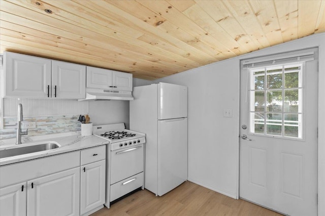 6 E Atlantic Ave, Villas, NJ 08251 - kitchen with white appliances, under cabinet range hood, a sink, wood ceiling, and light wood finished floors