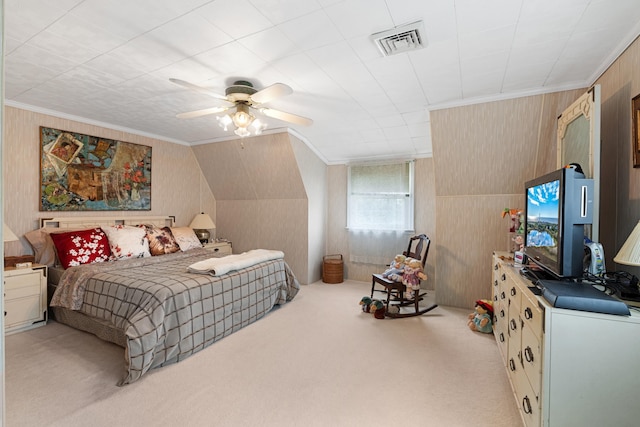 100 Oakdale Ave, Villas, NJ 08251 - carpeted bedroom featuring ornamental molding, ceiling fan, and wooden walls
