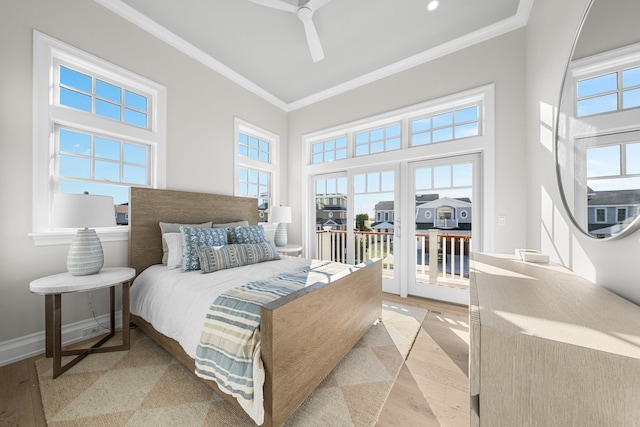 bedroom featuring access to outside, ceiling fan, crown molding, and light hardwood / wood-style flooring