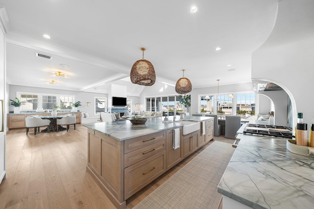 kitchen featuring sink, light stone counters, a spacious island, pendant lighting, and light hardwood / wood-style floors