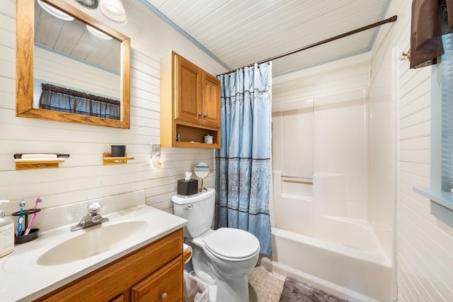 2320 Shore Rd, Ocean View, NJ 08210 - bathroom featuring wood walls, toilet, vanity, and shower / bath combination with curtain