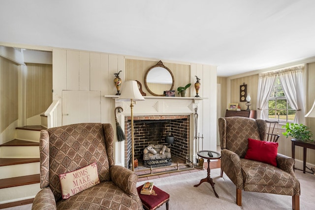 2320 Shore Rd, Ocean View, NJ 08210 - carpeted living room featuring stairs and a fireplace