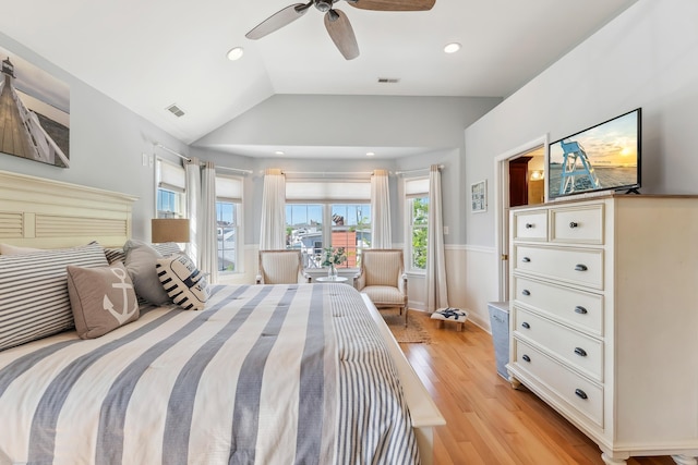 148 W Heather Rd Unit 148, Wildwood Crest, NJ 08260 - bedroom featuring vaulted ceiling, light wood-style floors, ceiling fan, and recessed lighting