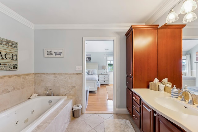 148 W Heather Rd Unit 148, Wildwood Crest, NJ 08260 - bathroom with vanity, a whirlpool tub, ornamental molding, connected bathroom, and tile patterned floors