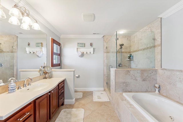 148 W Heather Rd Unit 148, Wildwood Crest, NJ 08260 - full bathroom featuring a garden tub, vanity, a shower stall, tile patterned floors, and ornamental molding