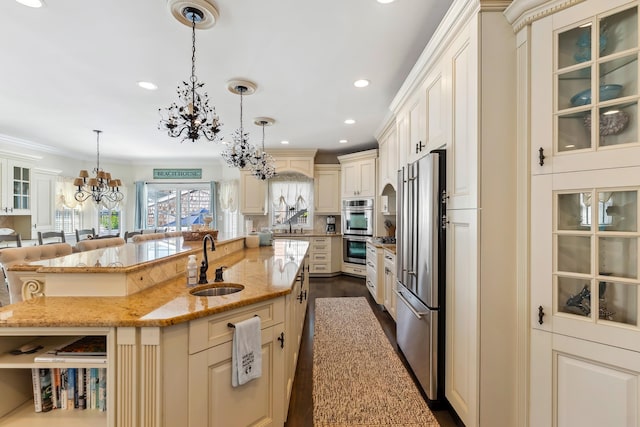 148 W Heather Rd Unit 148, Wildwood Crest, NJ 08260 - kitchen with a chandelier, a sink, appliances with stainless steel finishes, recessed lighting, and crown molding
