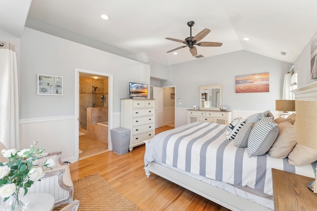148 W Heather Rd Unit 148, Wildwood Crest, NJ 08260 - bedroom with light wood-style flooring, recessed lighting, vaulted ceiling, ensuite bathroom, and ceiling fan