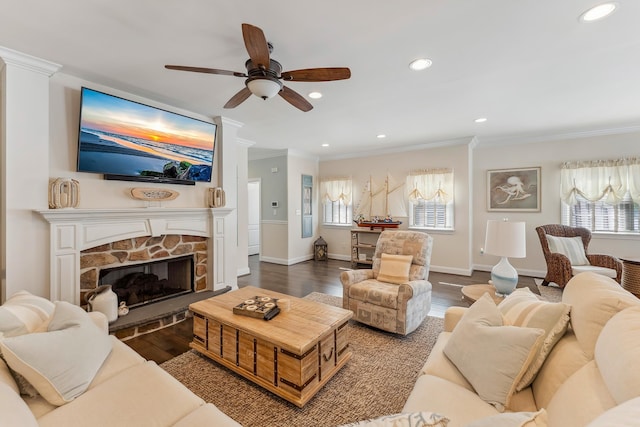 148 W Heather Rd Unit 148, Wildwood Crest, NJ 08260 - living area with crown molding, plenty of natural light, a ceiling fan, dark wood finished floors, and recessed lighting