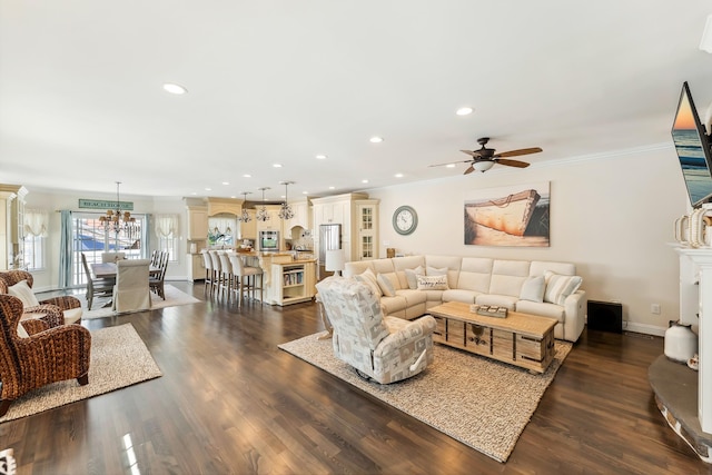 148 W Heather Rd Unit 148, Wildwood Crest, NJ 08260 - living room with a chandelier, ceiling fan, crown molding, dark wood-style floors, and recessed lighting