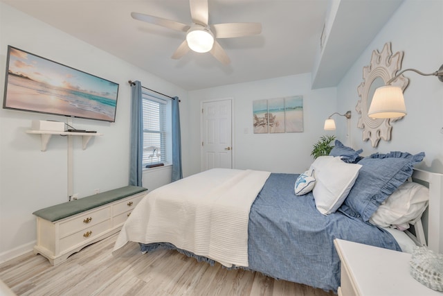 bedroom with ceiling fan and wood finished floors