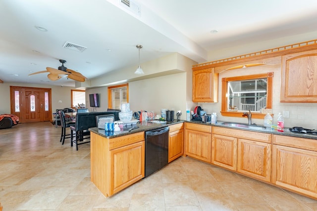 kitchen with kitchen peninsula, decorative backsplash, ceiling fan, sink, and black dishwasher