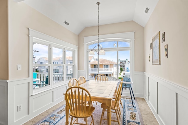 216 E Roberts Ave Unit 7, Wildwood, NJ 08260 - dining area featuring a decorative wall, wainscoting, lofted ceiling, a chandelier, and light tile patterned flooring