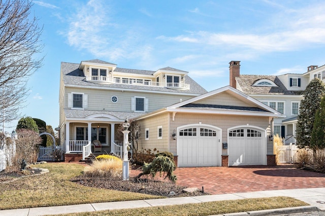 view of front of property featuring decorative driveway, an attached garage, covered porch, and a chimney