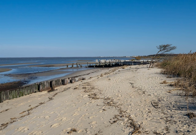 view of water feature with a beach view