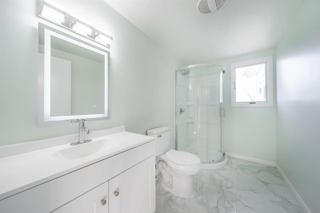 bathroom featuring vanity, toilet, and walk in shower