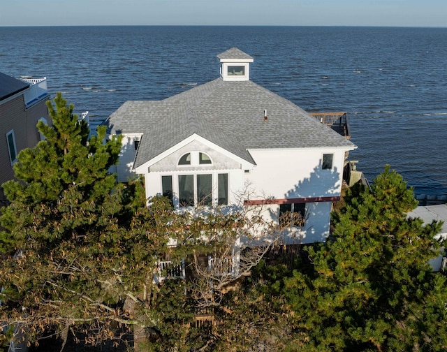 aerial view featuring a water view