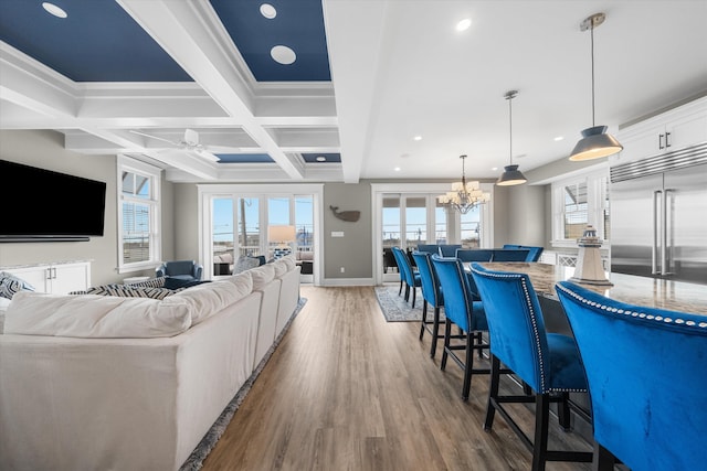 2958 Avalon Ave, Avalon, NJ 08202 - living area with wood finished floors, coffered ceiling, a chandelier, recessed lighting, and beam ceiling
