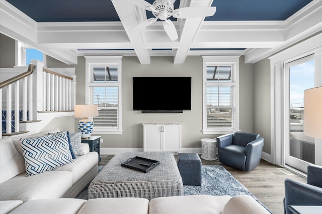 2958 Avalon Ave, Avalon, NJ 08202 - living room featuring coffered ceiling, plenty of natural light, wood finished floors, beamed ceiling, and a ceiling fan
