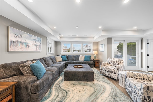 2958 Avalon Ave, Avalon, NJ 08202 - living area with wood finished floors, a tray ceiling, and recessed lighting