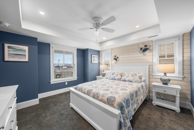 2958 Avalon Ave, Avalon, NJ 08202 - bedroom with a raised ceiling, dark carpet, recessed lighting, and ceiling fan
