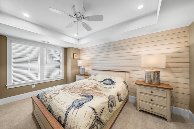 2958 Avalon Ave, Avalon, NJ 08202 - bedroom featuring light carpet, a raised ceiling, recessed lighting, ceiling fan, and wood walls