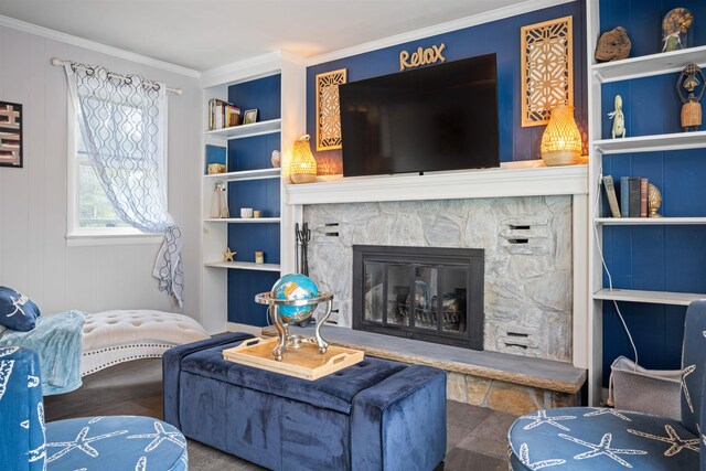 331 Holly Ln, Erma, NJ 08204 - living area featuring crown molding, a stone fireplace, and built in features