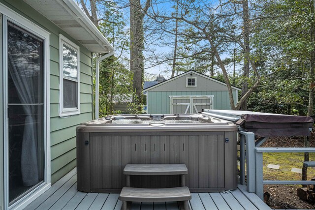 331 Holly Ln, Erma, NJ 08204 - deck with an outdoor structure, a hot tub, and a storage shed