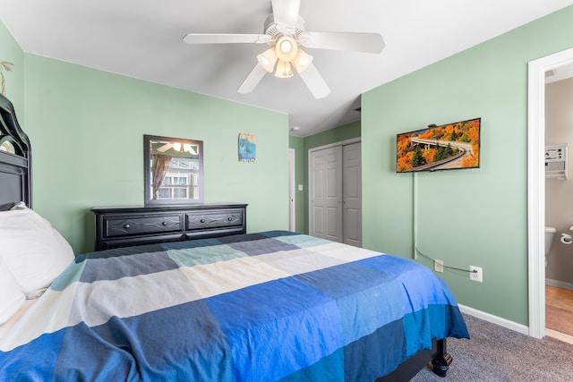 bedroom with ceiling fan, carpet floors, and a closet