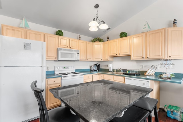 kitchen with pendant lighting, white appliances, an inviting chandelier, vaulted ceiling, and dark hardwood / wood-style flooring