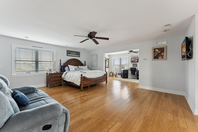 bedroom featuring ceiling fan and light wood-type flooring