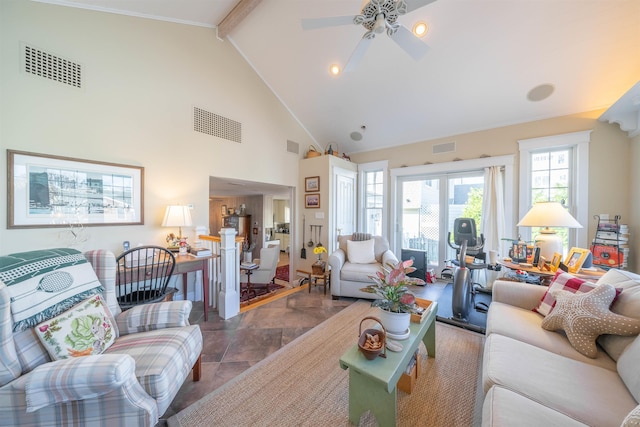 living room with beamed ceiling, high vaulted ceiling, and ceiling fan