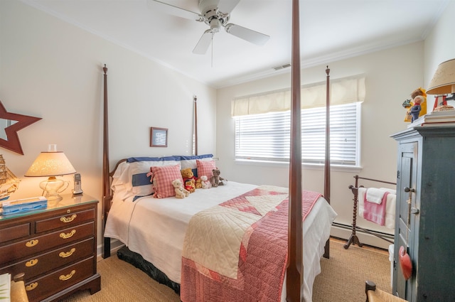 bedroom with ceiling fan, ornamental molding, light carpet, and a baseboard radiator