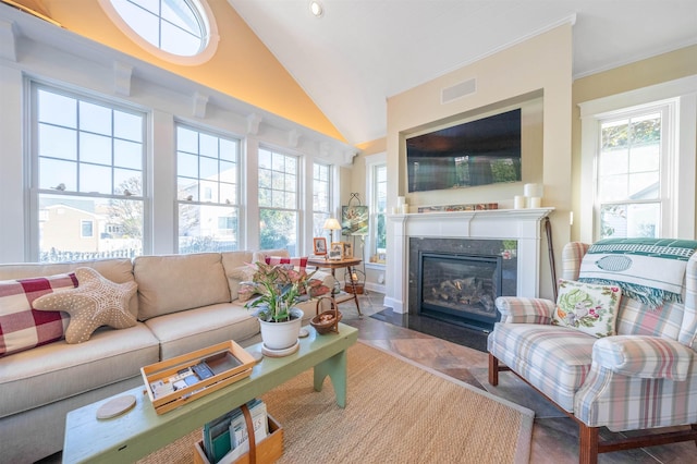 tiled living room featuring lofted ceiling