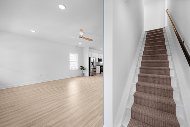 11 Oak Ave, Villas, NJ 08251 - stairs with recessed lighting, a ceiling fan, wood finished floors, and baseboards
