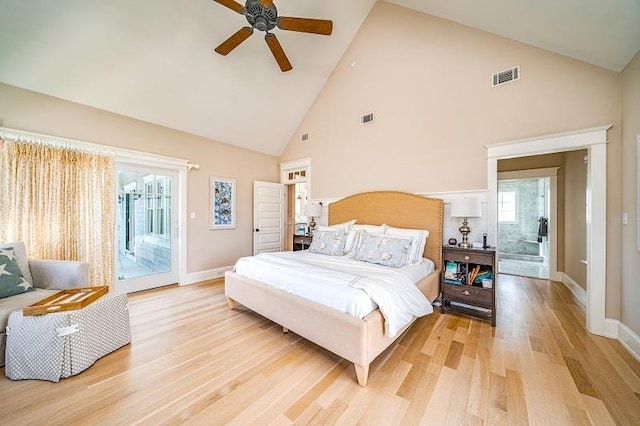 187 104th St, Stone Harbor, NJ 08247 - bedroom featuring access to exterior, light wood-style flooring, high vaulted ceiling, and ceiling fan