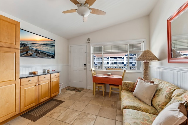 7929 Dune Dr Unit 310, Avalon, NJ 08202 - living area with vaulted ceiling, a ceiling fan, and wainscoting