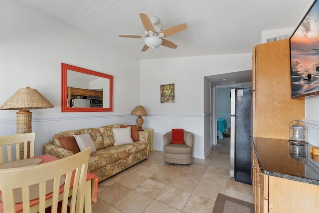 7929 Dune Dr Unit 310, Avalon, NJ 08202 - living room with a ceiling fan and wainscoting