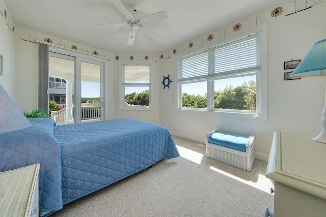 bedroom featuring carpet floors, access to outside, and ceiling fan