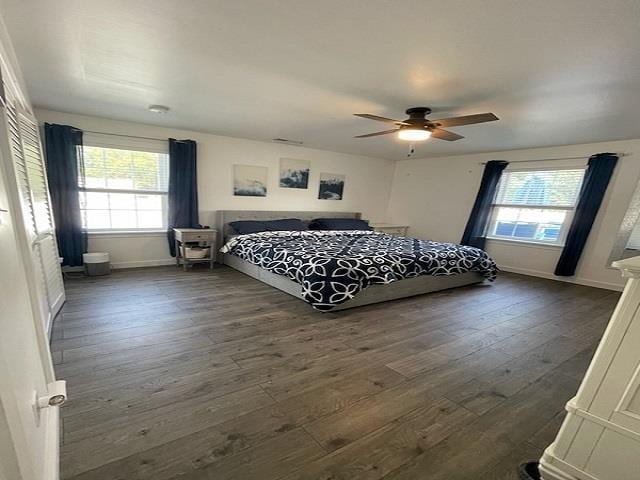 bedroom featuring ceiling fan, dark hardwood / wood-style floors, and multiple windows