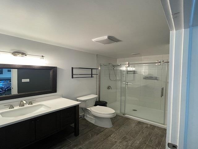 bathroom with vanity, toilet, and walk in shower