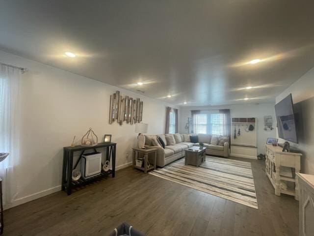 living room with dark wood-type flooring