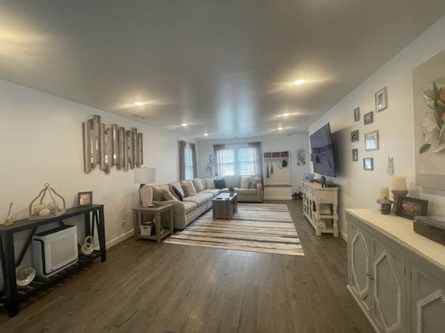 living room featuring dark wood-type flooring