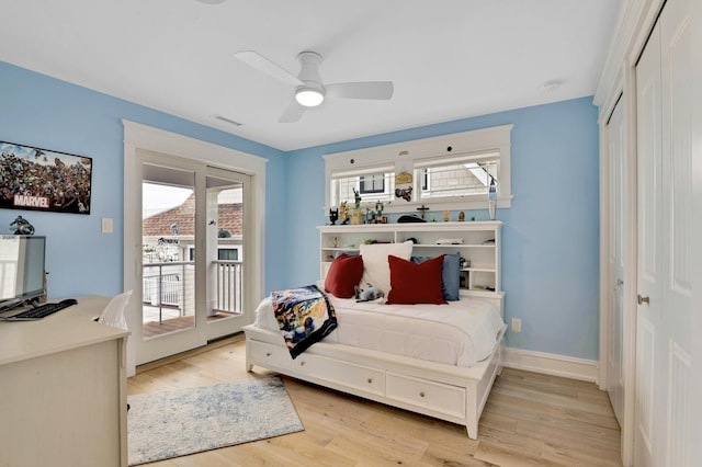 243 N Point Rd, Ocean City, NJ 08226 - bedroom with ceiling fan, a closet, light hardwood / wood-style flooring, and access to outside