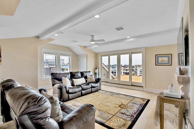 243 N Point Rd, Ocean City, NJ 08226 - living room featuring ceiling fan, lofted ceiling with beams, and light hardwood / wood-style flooring