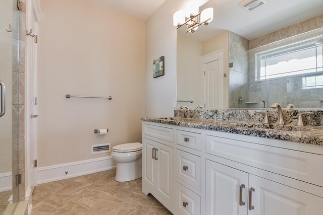 243 N Point Rd, Ocean City, NJ 08226 - bathroom with walk in shower, vanity, toilet, and an inviting chandelier