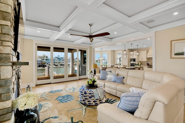 243 N Point Rd, Ocean City, NJ 08226 - living room with coffered ceiling, a water view, light wood-type flooring, beamed ceiling, and ceiling fan