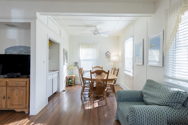 dining room featuring ceiling fan and dark wood-type flooring